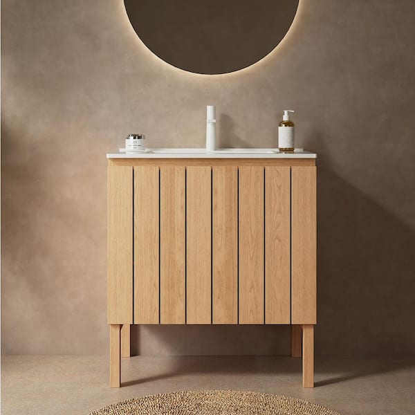 30 in. Single Sink Freestanding Natural Wood Bath Vanity with White Ceramic Top, Double Doors