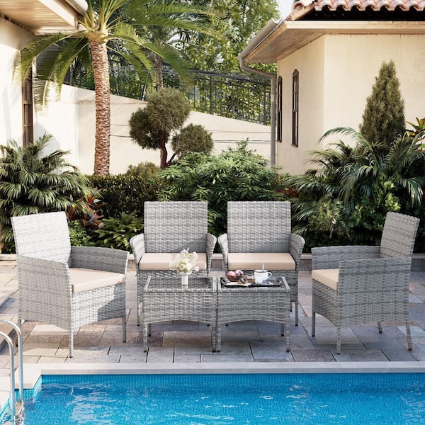 6-Piece Outdoor Rattan Seating Group with Cushions, Patio Bistro Set with Table-Ideal for Garden (Set of 4)