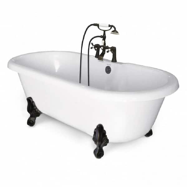 American Bath Factory 70 in. Acrylic Double Clawfoot Non-Whirlpool Bathtub in White w/ Large Ball, Claw Feet Faucet in Old World Bronze