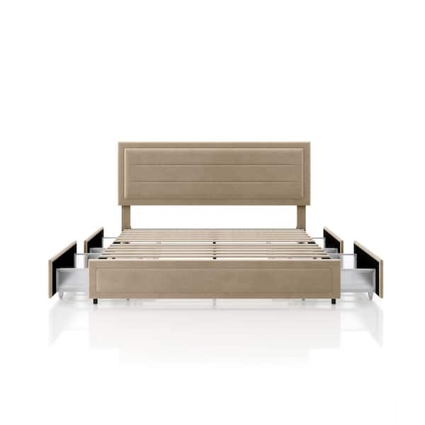 Kieranne Light Brown Upholstered Metal Frame Queen Platform Bed With 4-Side Drawers