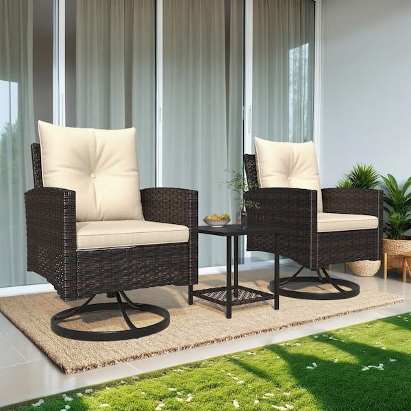 HOMMOW 3-Piece Patio 360° Swivel Rocker Chairs, All-Weather PE Wicker Outdoor Bistro Set with Beige Cushions and 1-Coffee Table