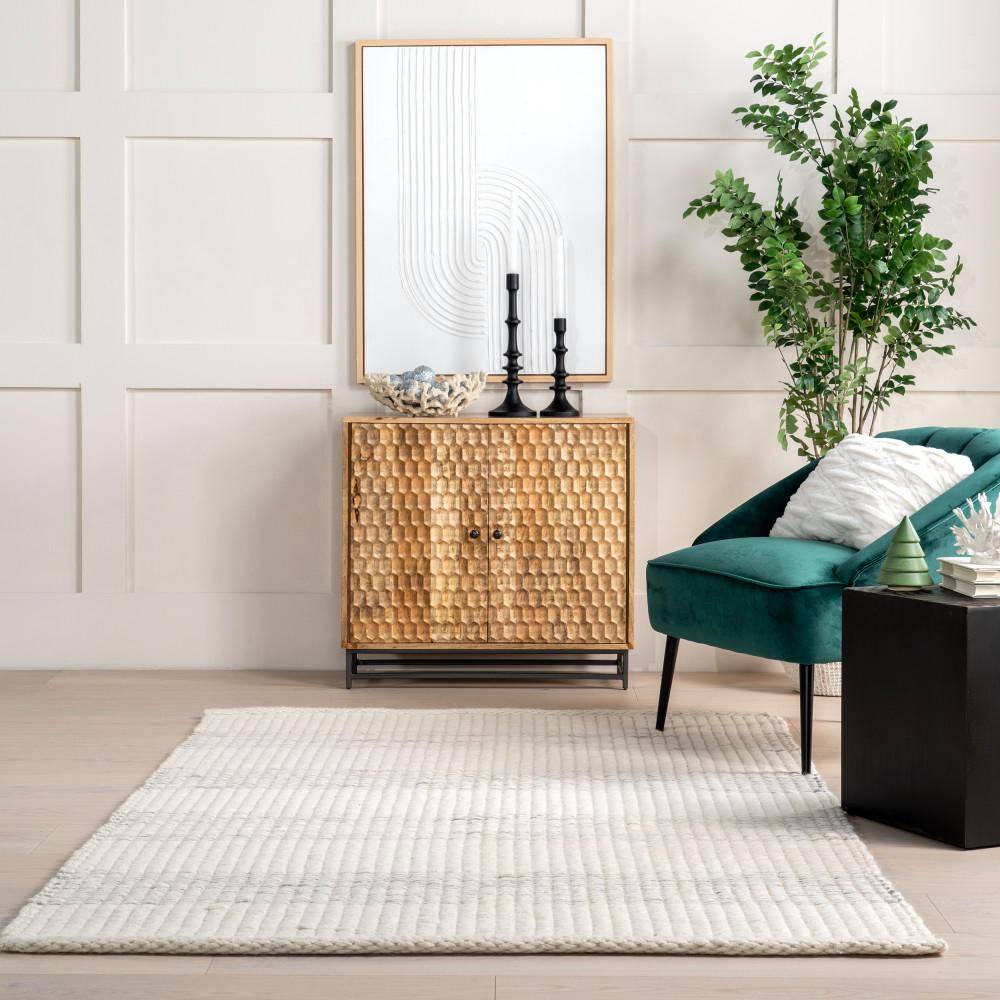 Ivory and Gray Striped Handmade Wool Area Rug 5x8