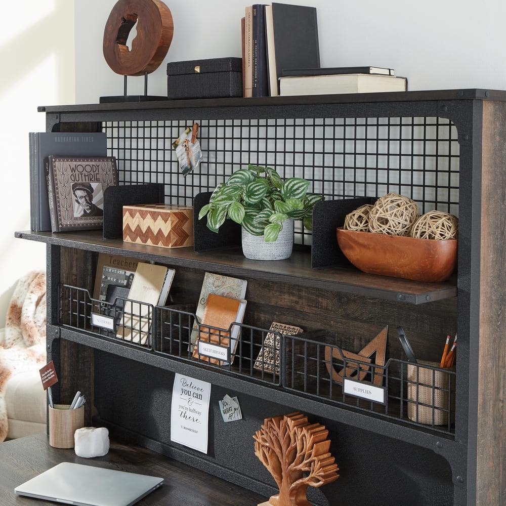 Carbon Oak Industrial Computer Desk Hutch with Metal Frame