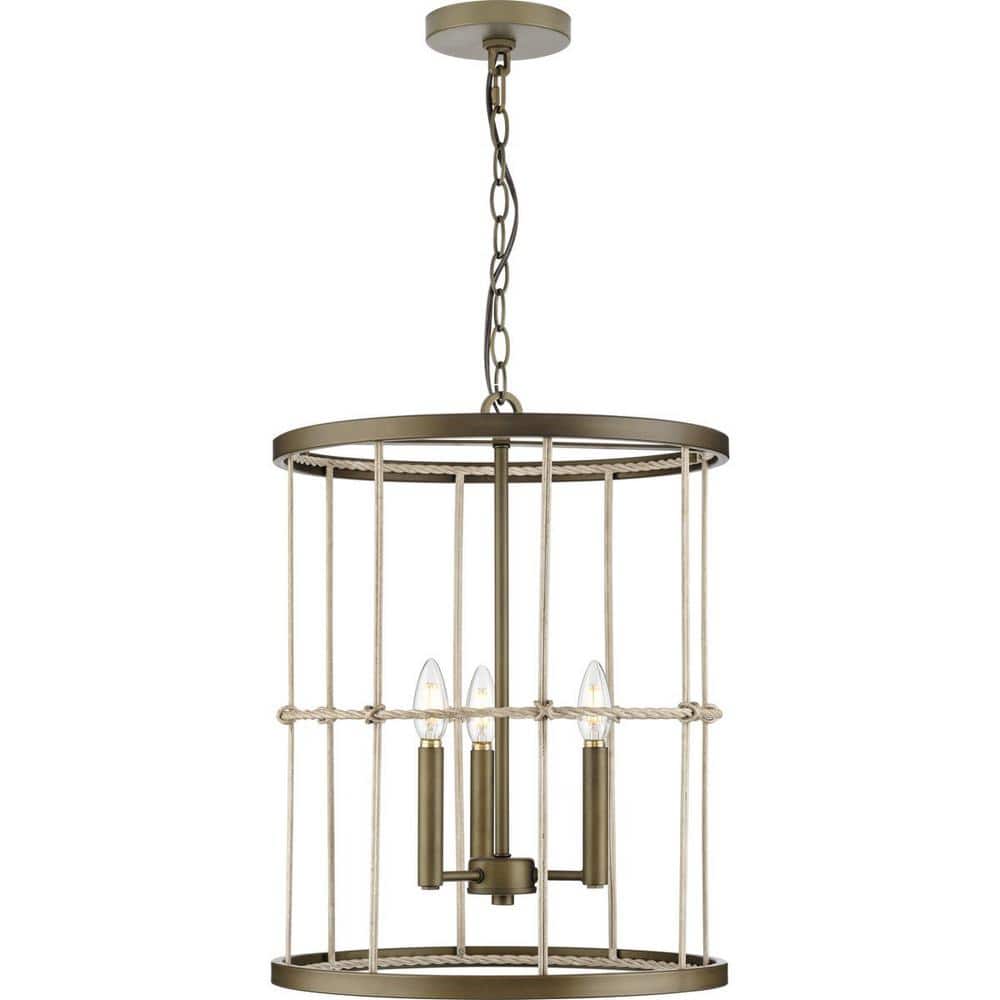 Aged Brass 3-Light Pendant with Woven Metal and Rattan Cage