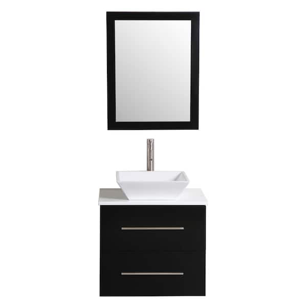 Decor Living Berto 24 in. W x 19 in. D Floating Vanity in Black with Vanity Top in White with White Basin and Mirror
