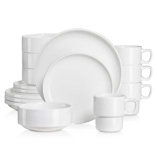 16-Piece White Porcelain Dinnerware Set Service for 4-Dinner Set with Dinner Plates Dessert Plates Cereal Bowls and Mugs