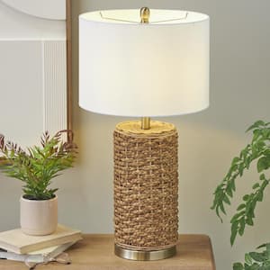 28 in. Brown Rattan Braided Handmade Task and Reading Table Lamp with Gold Accents