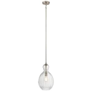Riviera 16 in. 1-Light Brushed Nickel Transitional Shaded Kitchen Pendant Hanging Light with Clear Ribbed Glass