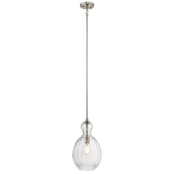KICHLER Riviera 16 in. 1-Light Brushed Nickel Transitional Shaded Kitchen Pendant Hanging Light with Clear Ribbed Glass