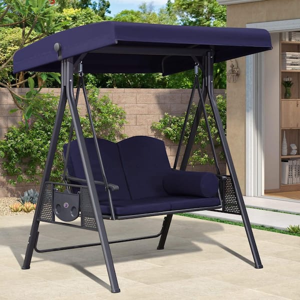 PURPLE LEAF 2-Person All-Weather Steel Frame Porch Swing Adjustable Tilt Canopy, Cushions and Pillow Included, Navy Blue