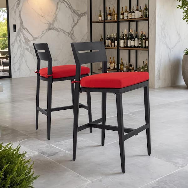 Modern Aluminum Outdoor Bar Stools with Sunbrella Red Neutral Cushion (2-Pack)
