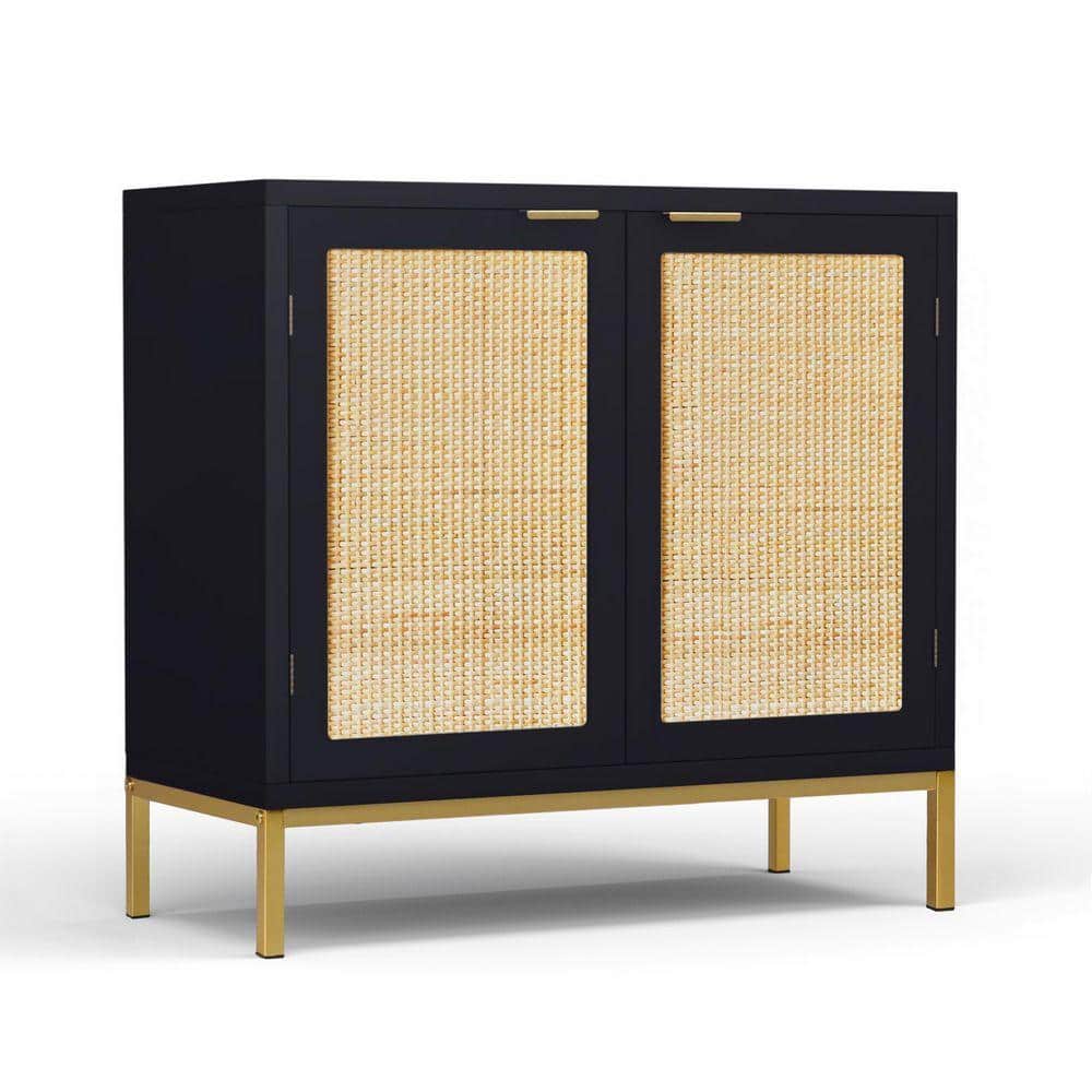 Aupodin Black Accent Storage Cabinet with 2 Rattan Doors Mid Century Sideboard Furniture for Living Room Bedroom