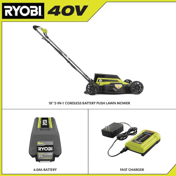 Ryobi 40-Volt 18 in. 2-in-1 Cordless Battery Walk Behind Push Lawn Mower with 6.0 Ah Battery and Charger RY401101