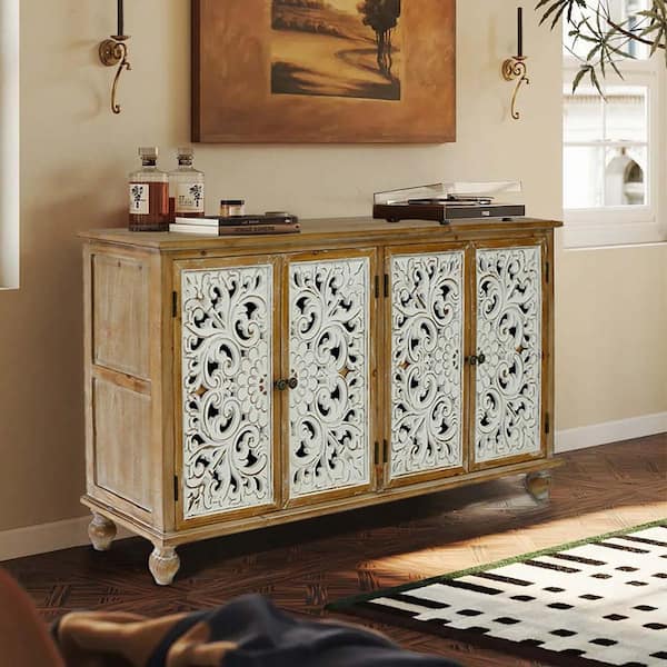35 in. White Farmhouse Accent Cabinet-4-Door Carved Floral Buffet,Distressed Vintage Storage for Living Room,Dining Room