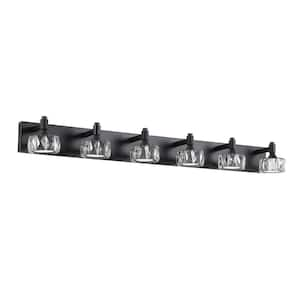 44 in. 6-Light Matte Black LED Vanity Light Bar with Crystal Glass Shades, Bathroom Wall Sconce