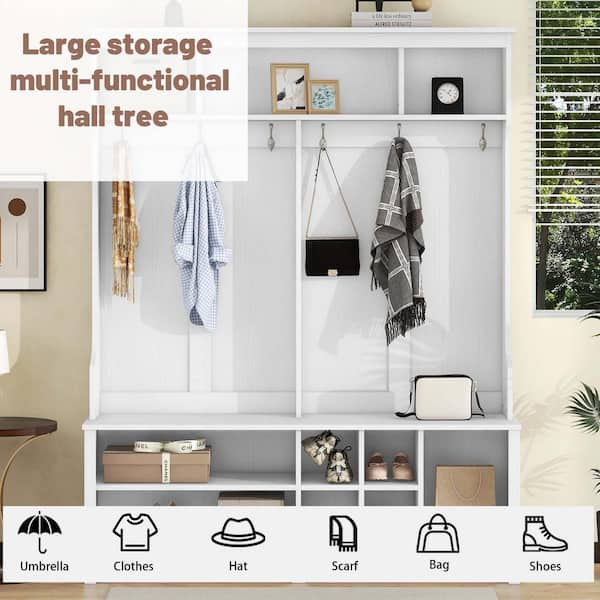 URTR White Entryway Hall Tree with 4 Hooks Storage Cabinet for Clothes and Shoes