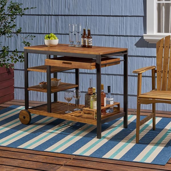 Unbranded Acacia Wood and Iron Bar Cart, Patio Serving Cart with Drawers, 4 Shelves, 3 Slots, Oak Finish for Convenience to Enjoy