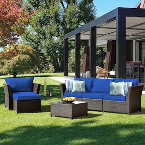 Huron Gorden Brown 6-Piece Wicker Outdoor Patio Conversation Sectional Sofa Set with Navy Blue Cushions