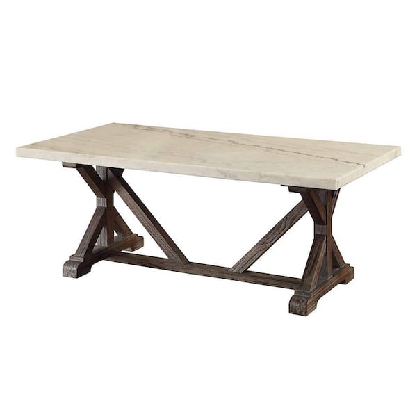 Benjara 50 in. White/Brown Large Rectangle Marble Coffee Table with Wooden Trestle Base