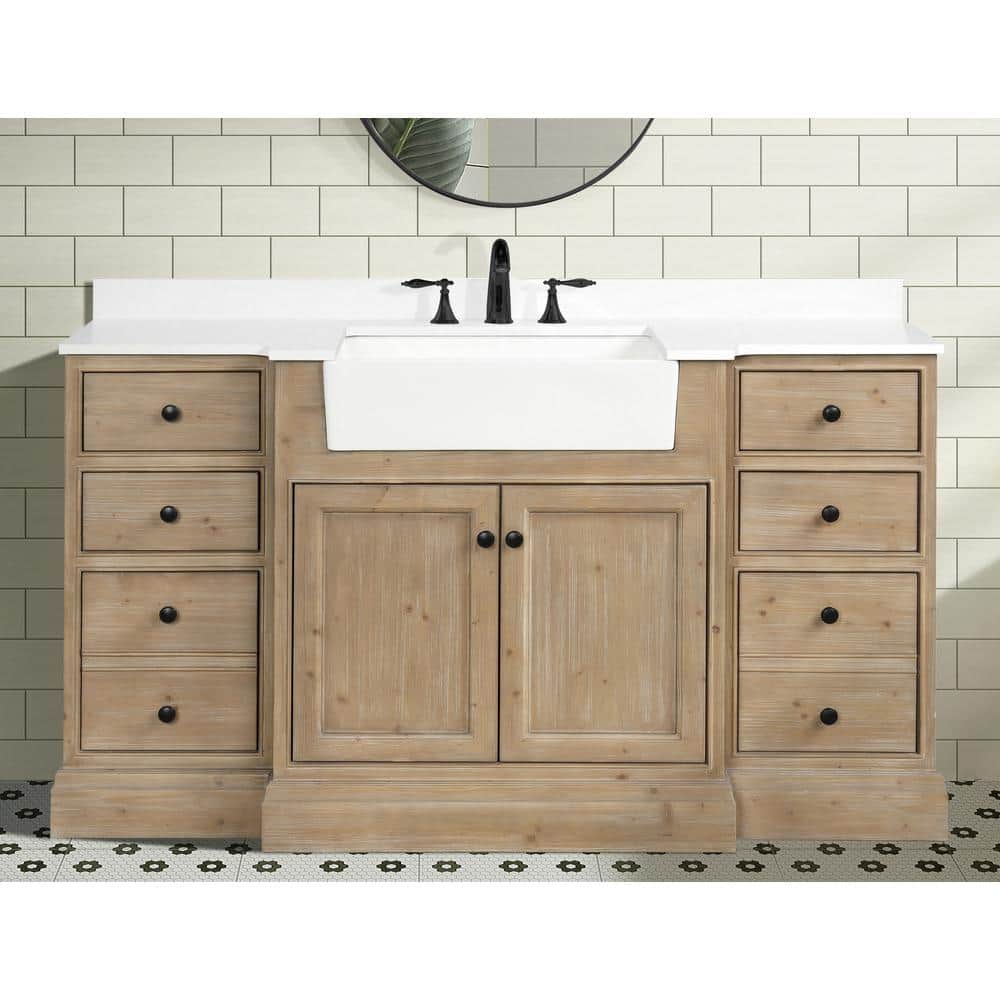 Kelly 60" Weathered Fir Bathroom Vanity with White Stone Countertop