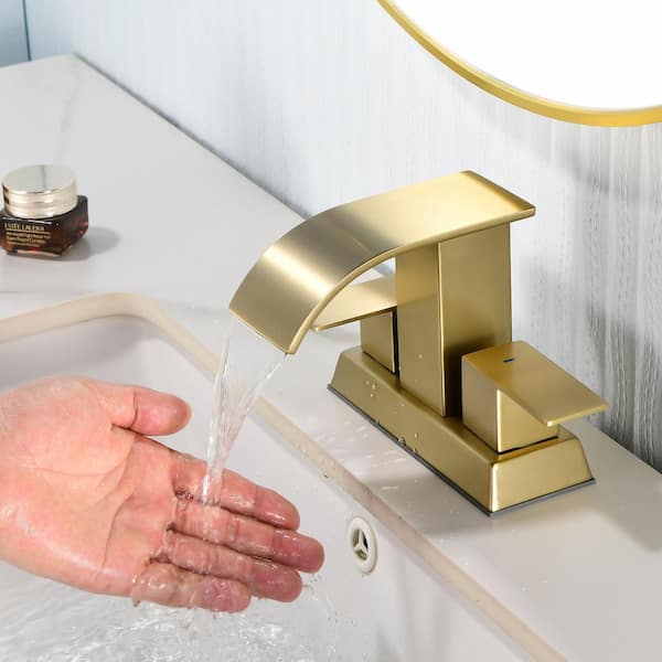 Ami 4 in. Centerset Double Handle Mid Arc Bathroom Faucet with Drain Kit Included in Brushed Gold