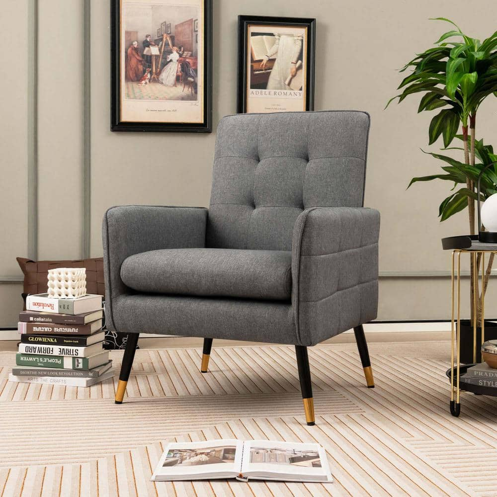 Costway Gray Linen Fabric Accent Chair Modern Single Sofa Chair with ...