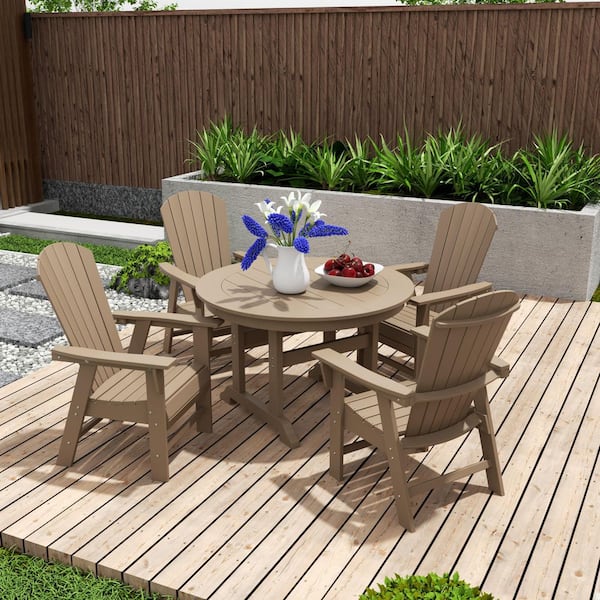 Altura Outdoor Patio Weather Resistant Weatherwood 5-Piece HDPE Plastic Round Table Dining Set