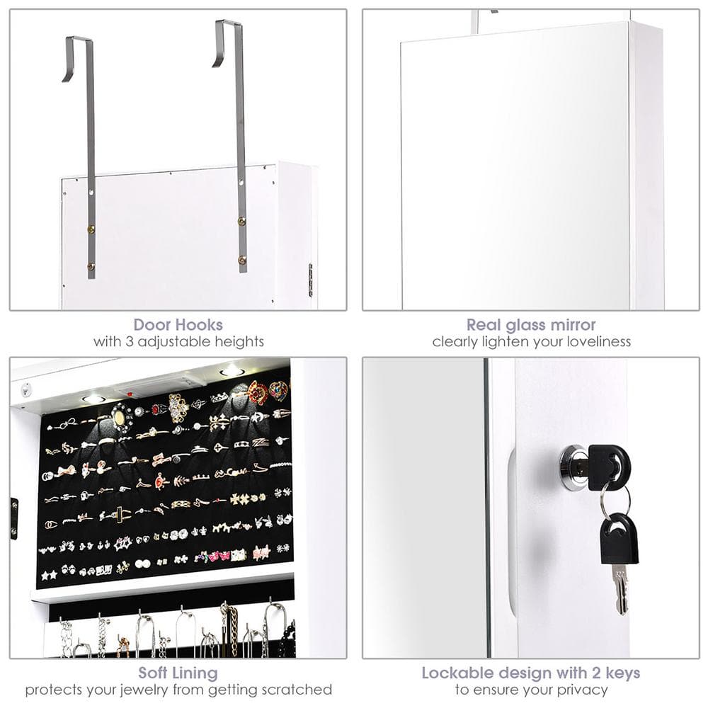 Elegant White Wall-Mounted Mirrored Jewelry Cabinet with LED Lights