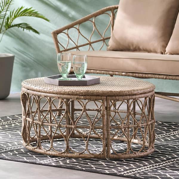 Accent Side Table Brown Round Rattan Outdoor Patio Coffee Table All Weather Standing Side Table Snack Table