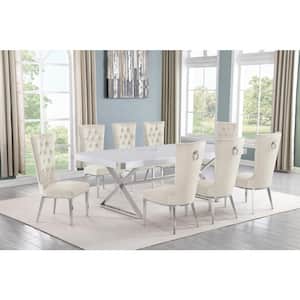 Miguel 9-Piece Rectangle White Wood Top Silver Stainless Steel Dining Set with 8 Cream Velvet Chairs