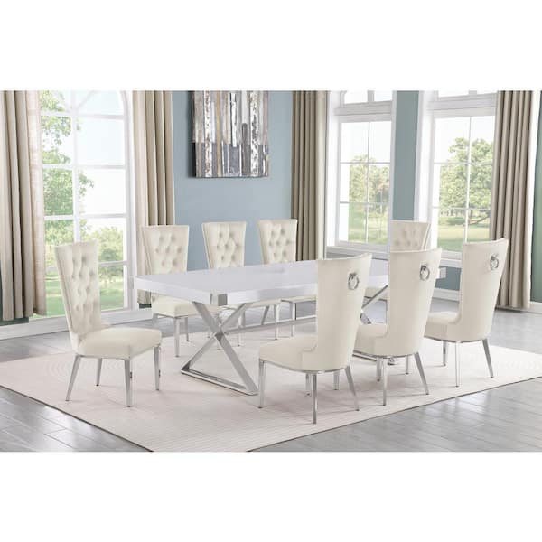 Best Quality Furniture Miguel 9-Piece Rectangle White Wood Top Silver Stainless Steel Dining Set with 8 Cream Velvet Chairs