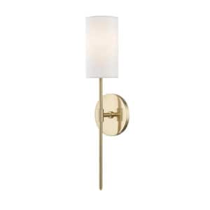 Ollie 1-Light Aged Brass Wall Sconce with White Linen Shade