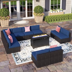 Dark Brown Rattan Wicker 10 Seat 11-Piece Steel Outdoor Fire Pit Patio Set with Blue Cushions and Rectangular Fire Pit