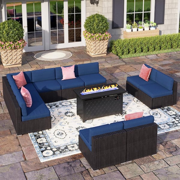 PHI VILLA Dark Brown Rattan Wicker 10 Seat 11-Piece Steel Outdoor Fire ...