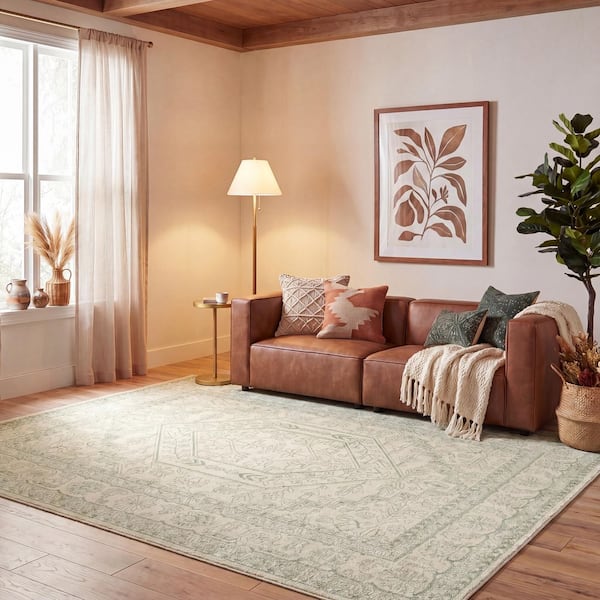 Adirondack 9 ft. x 12 ft. Sage/Ivory Border Medallion Area Rug