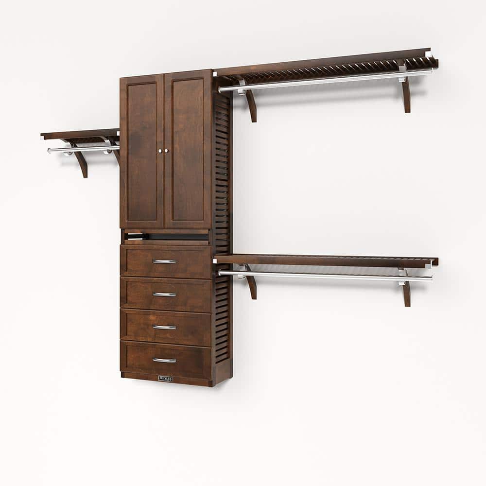 72 in. W - 120 in. W Chestnut Reach in with 4 Shaker Style Drawers and Wood Door 12 in. Shelf Wood Closet System