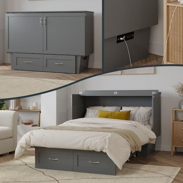 Monroe Gray Solid Wood Full Size Frame Murphy Bed Chest with Memory Foam Folding Mattress USB Charger and Storage Drawer