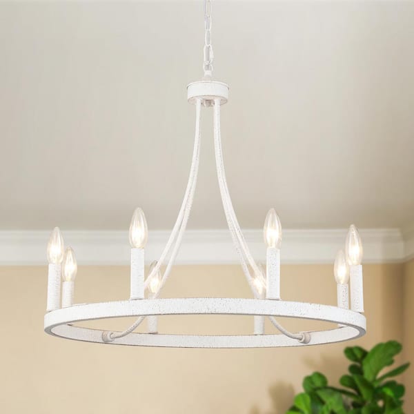 ZJVAIVE 8-Light Vintage White Wagon Wheel Chandelier for Living Room Dinning Room with No Bulbs Included