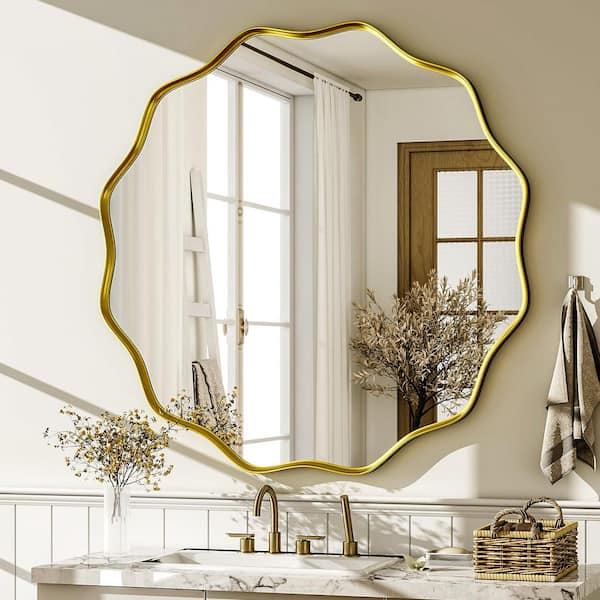 XRAMFY Gold 30 in. W x 30 in. H Round Modern Aluminum Alloy Deep Framed with Decorative Border Vanity Mirror Wall Mirror