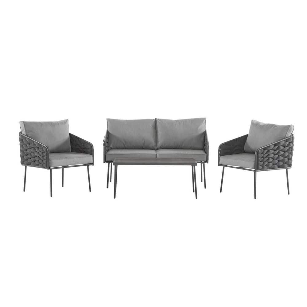 4-Piece Metal Patio Conversation Set with Gray Cushion, Outdoor Bistro ...