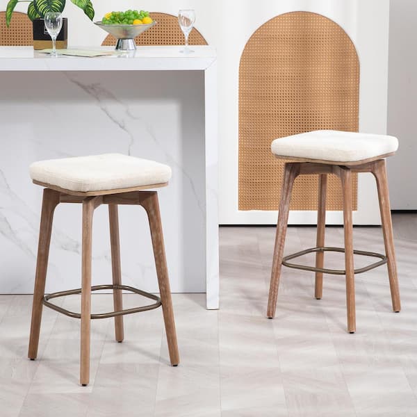 Beckham 27 in. Beige Wood Counter Stool with Woven Fabric Seat 2 (Set of Included)