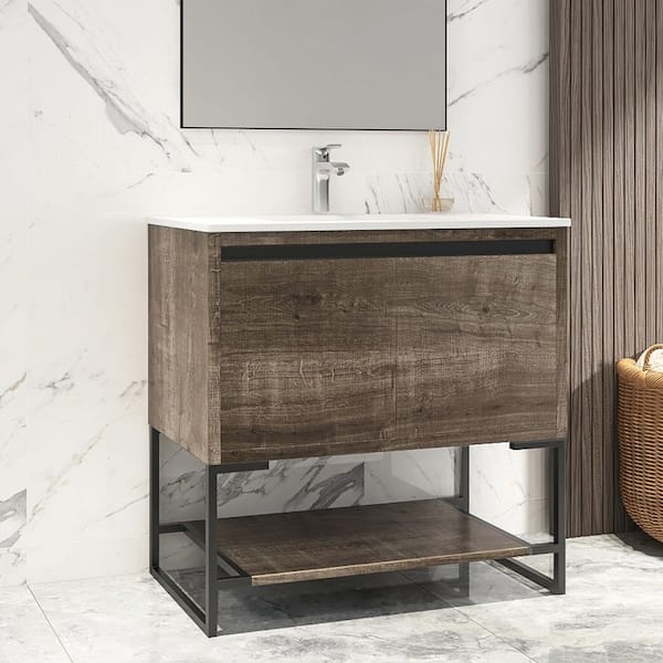 tunuo 32 in. W x 18.3. in D. x 35 in. H Bath Vanity in Brown with White Ceramic Top with White Sink