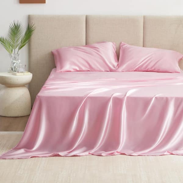 4-Piece Queen Size Pink Satin Bedding Set with Deep Pocket, Silky Sheets (1 Flat, 1 Fitted, 2 Pillowcases)