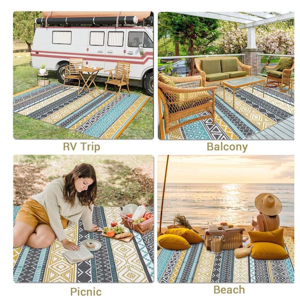 9*18FT Four colors Boho Reversible Waterproof Outdoor Patio Rug, for Deck/Porch/Balcony/Backyard/Picnic