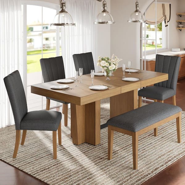 Inman 6-Piece Brown Plus Gray Extendable Wood Top Dining Table Set with Bench and Linen Upholstered Chairs