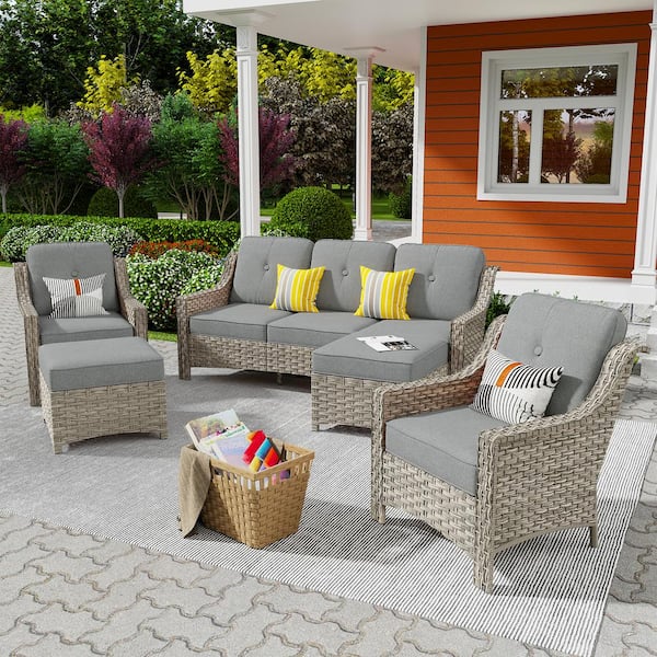 XIZZI Freddie 5-Piece Wicker Outdoor Patio Conversation Seating Sofa Set with Dark Gray Cushions