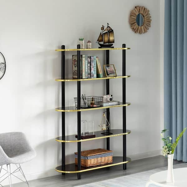 FABULAXE Industrial 67.5 in. Brown Wood and Metal 5-Shelf Etagere Bookcase  Open Storage Free Standing Bookshelf QI003995.L - The Home Depot