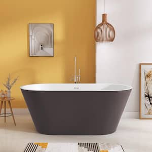 59 in. x 29.5 in. Free Standing Soaking Tub Flatbottom Acrylic Freestanding Bathtub with Chrome Drain in Matte Grey