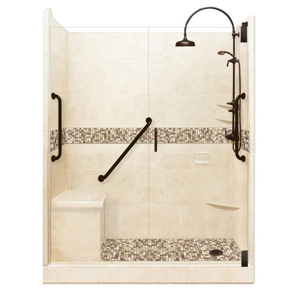 American Bath Factory Roma Freedom Luxe Hinged 42 in. x 60 in. x 80 in. Right Drain Alcove Shower Kit in Desert Sand and Old Bronze Hardware