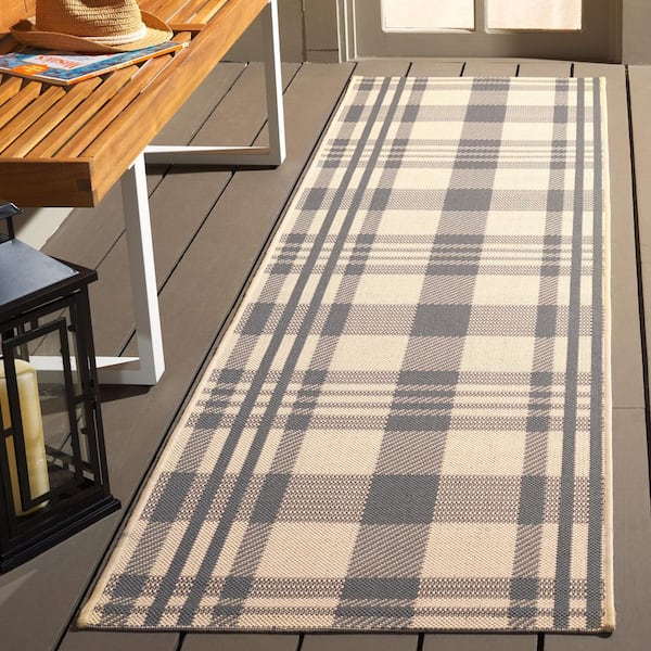Courtyard Gray/Bone 2 ft. x 12 ft. Striped Indoor/Outdoor Patio  Runner Rug